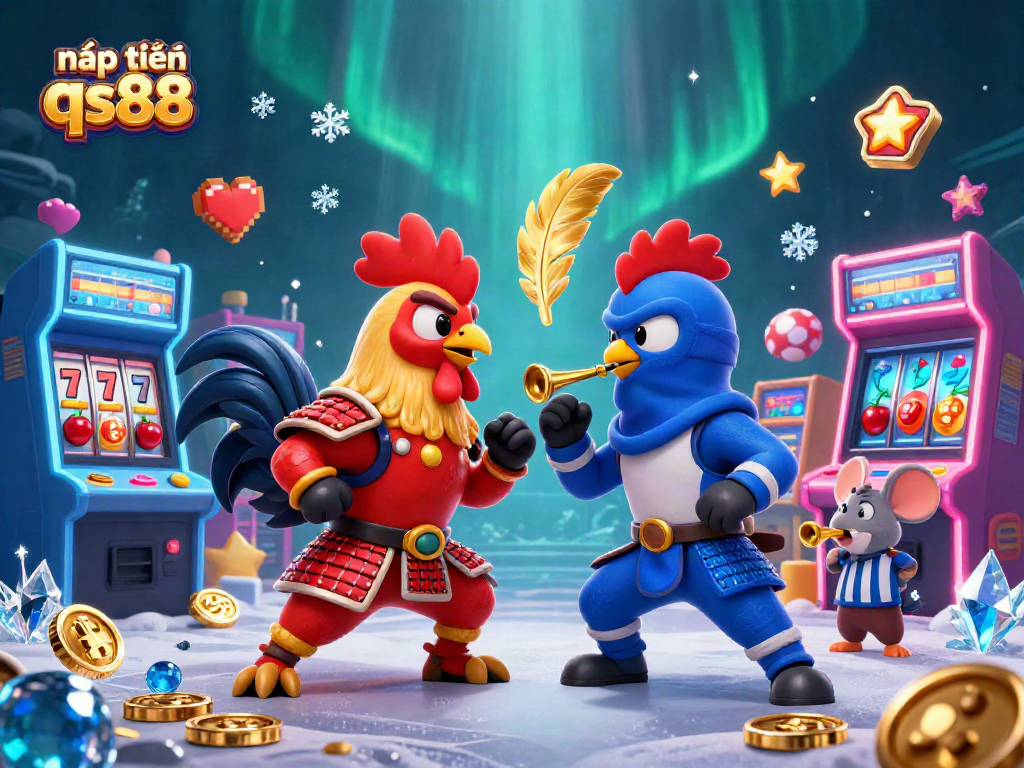Nạp tiền qs88 offers an engaging 3D casino illustration featuring dynamic fighting roosters amid colorful gaming elements.