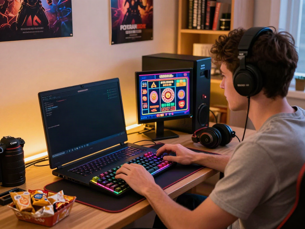 Engaging non GamStop UK casino gaming setup in a cozy home with vibrant lighting and gaming accessories.