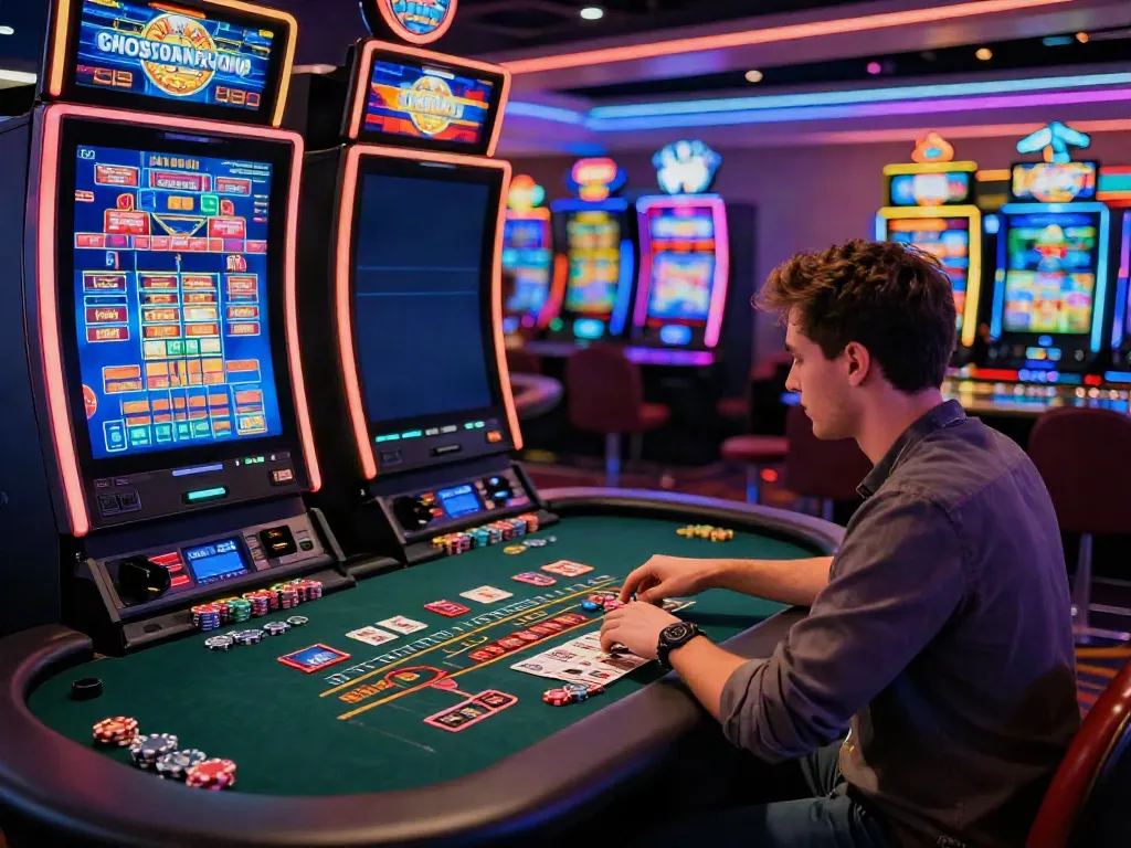 Non Gamstop UK casino gaming scene featuring a player engaged at a vibrant table surrounded by colorful machines.