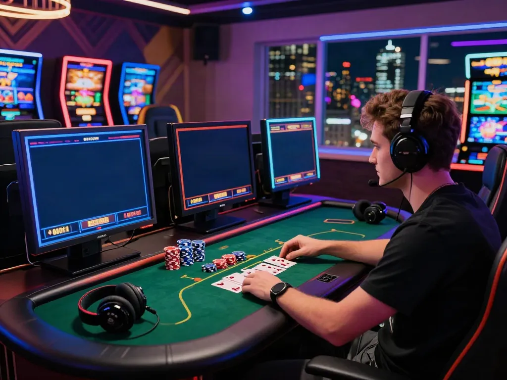 Player enjoying an exciting experience at a non Gamstop UK casino with vibrant lights and gaming paraphernalia.
