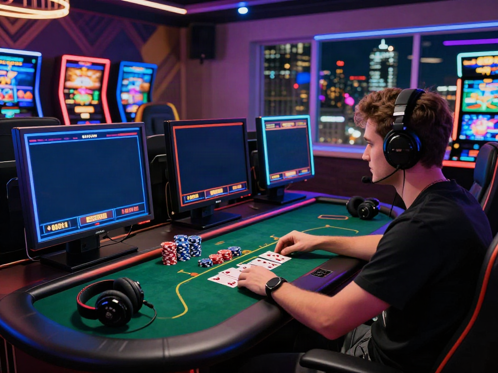 Player enjoying an exciting experience at a non Gamstop UK casino with vibrant lights and gaming paraphernalia.