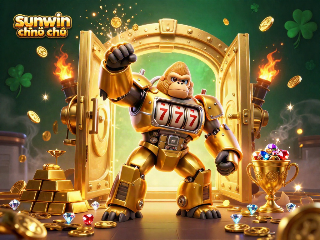 Experience dynamic wins with sunwin chính chủ showcasing a golden gorilla mech amidst treasure and excitement.