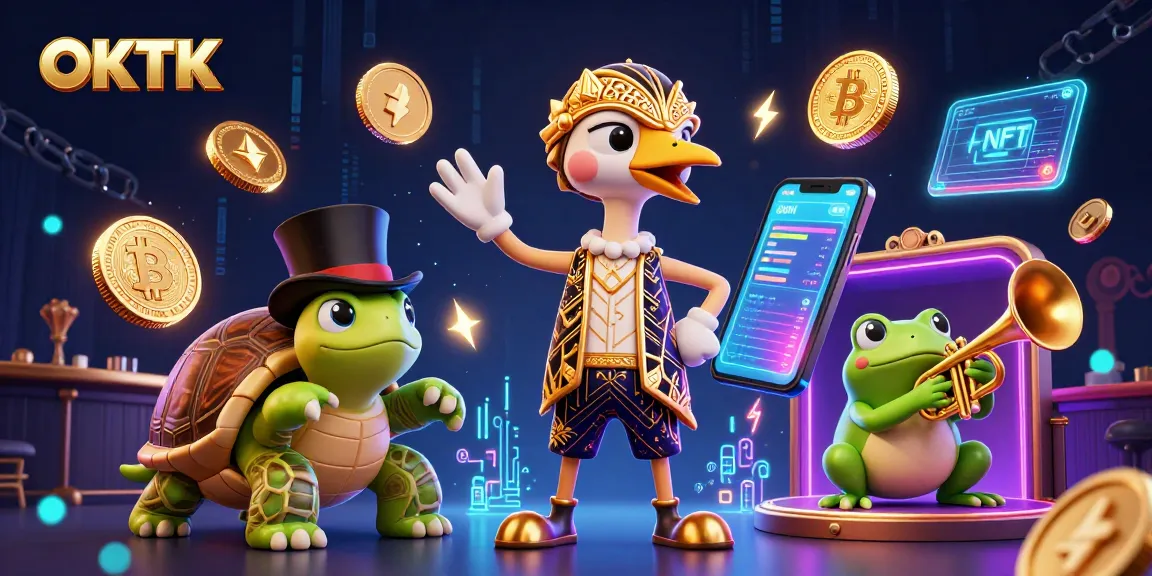Spin the reels with OKTK at a vibrant casino scene featuring animated characters and crypto elements.