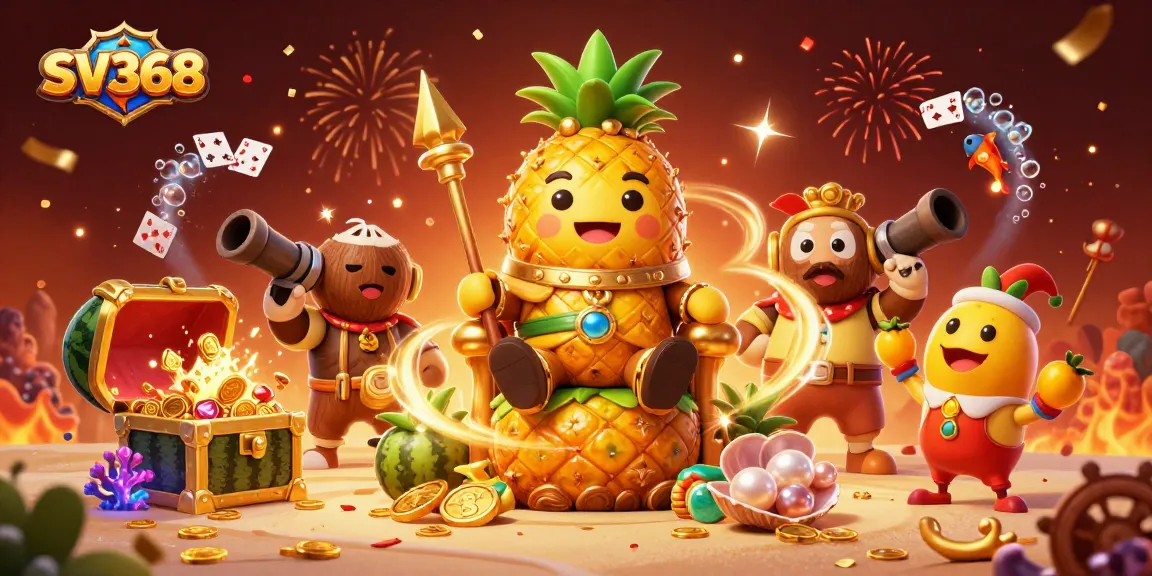 Win big with SV368 in an explosive beach-themed casino scene featuring vibrant characters and treasure.
