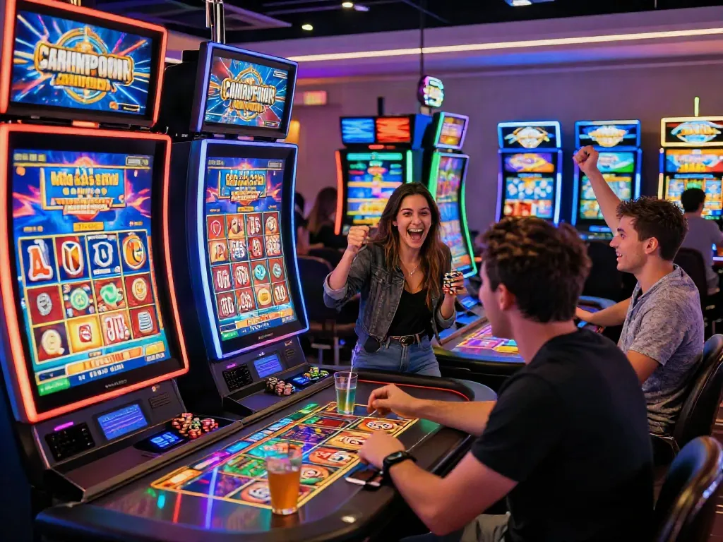Engaging scene at a non Gamstop UK casino, highlighting players enjoying lively gaming activities.