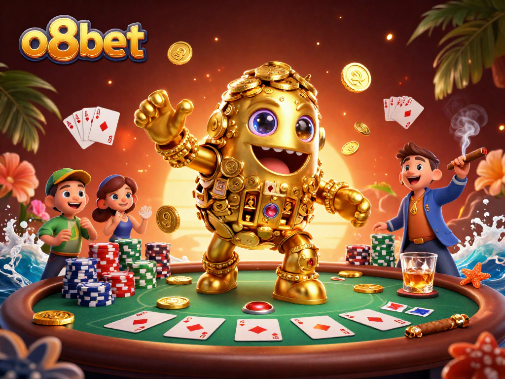 o8bet showcases a vibrant poker scene with a golden golem and dynamic elements.