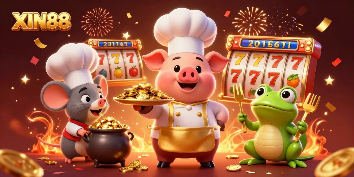 XIN88 showcases a vibrant 3D casino scene with cartoon characters and slot machine elements, celebrating wins.