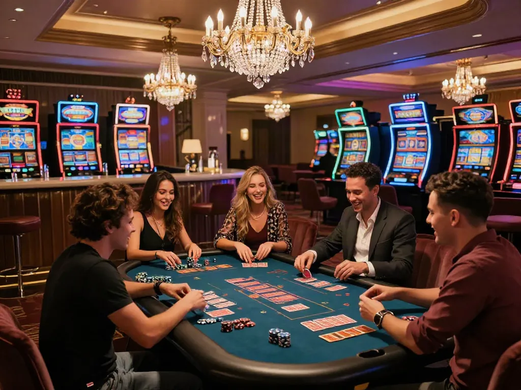 Engaging group of friends enjoying games at a non GamStop UK casino lounge.