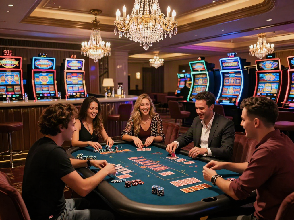 Engaging group of friends enjoying games at a non GamStop UK casino lounge.