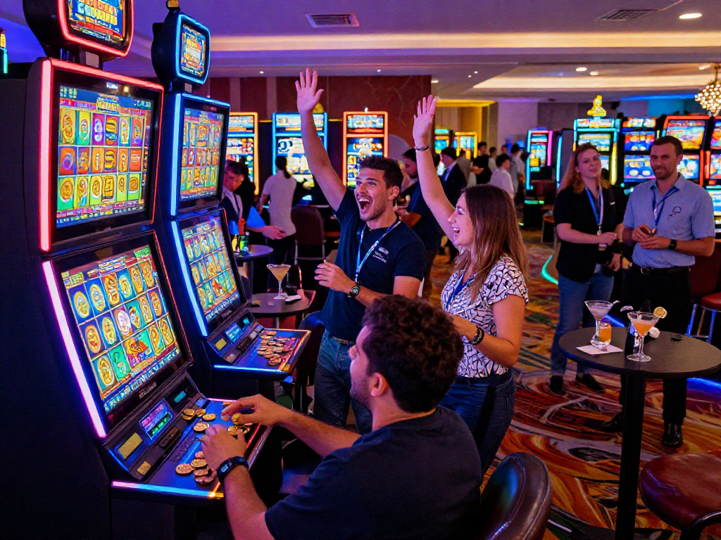 Slot jackpot celebration with players at a casino, vibrant lights, and excitement.