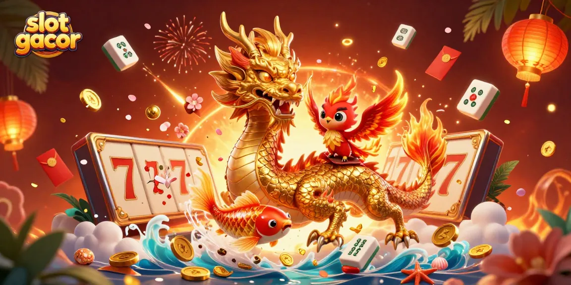 Engage with slot gacor dynamics showcasing a golden dragon, phoenix, and koi amidst winning elements.