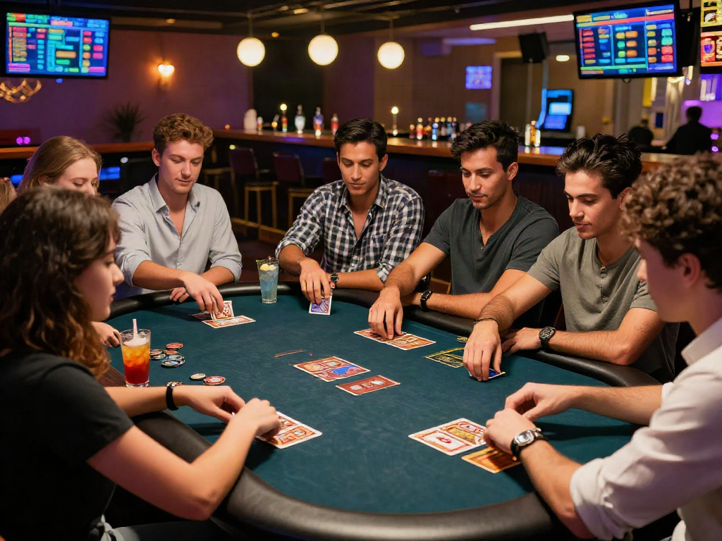 Exciting non gamstop uk casino scene with friends enjoying card games and roulette in a lively atmosphere.