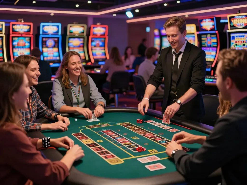 Exciting gaming floor at a non Gamstop UK casino with players enjoying roulette and engaging with dealers.