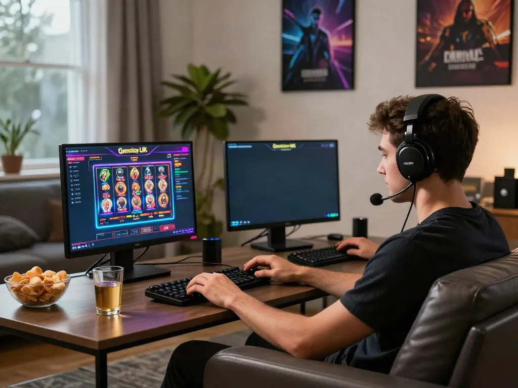 Engaging non Gamstop UK casino gaming scene with a player enjoying vibrant slot games.