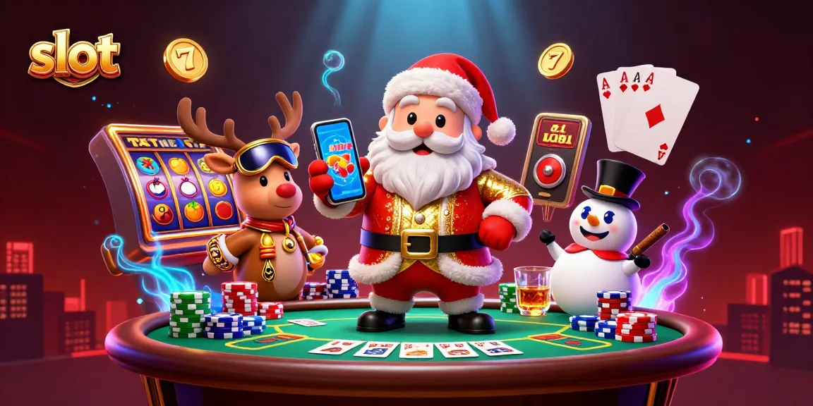Experience the excitement of slot games with cartoon Santa showing jackpots while surrounded by vivid casino elements.