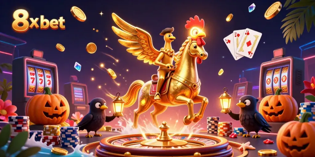 Experience thrilling gaming action with 8x bet in a vibrant casino scene filled with gold and excitement.