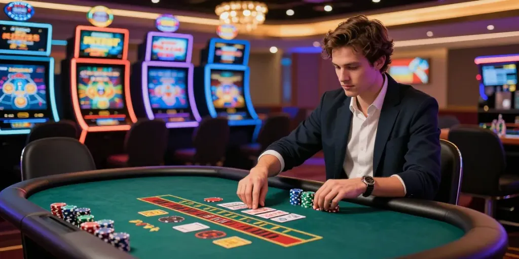 A player engaging at a non Gamstop UK casino featuring vibrant gaming tables and neon ambiance.
