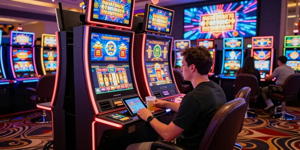 Engaging scene at a non GamStop UK casino with vibrant slot machines and exciting gameplay.