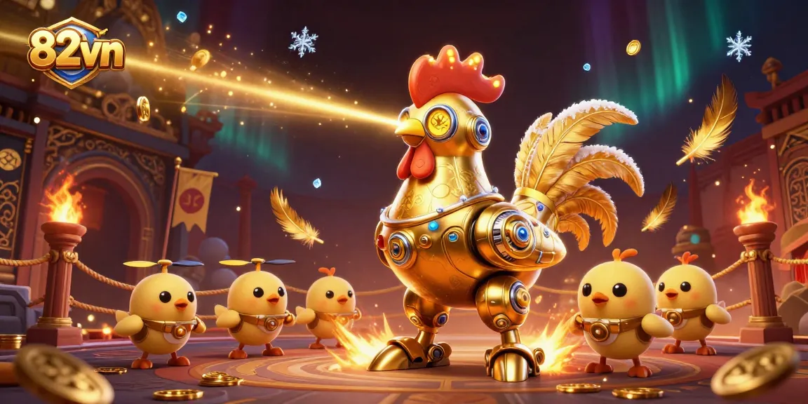 Engage in thrilling gaming at 82vn with advanced slots featuring golden rooster and chick drones.