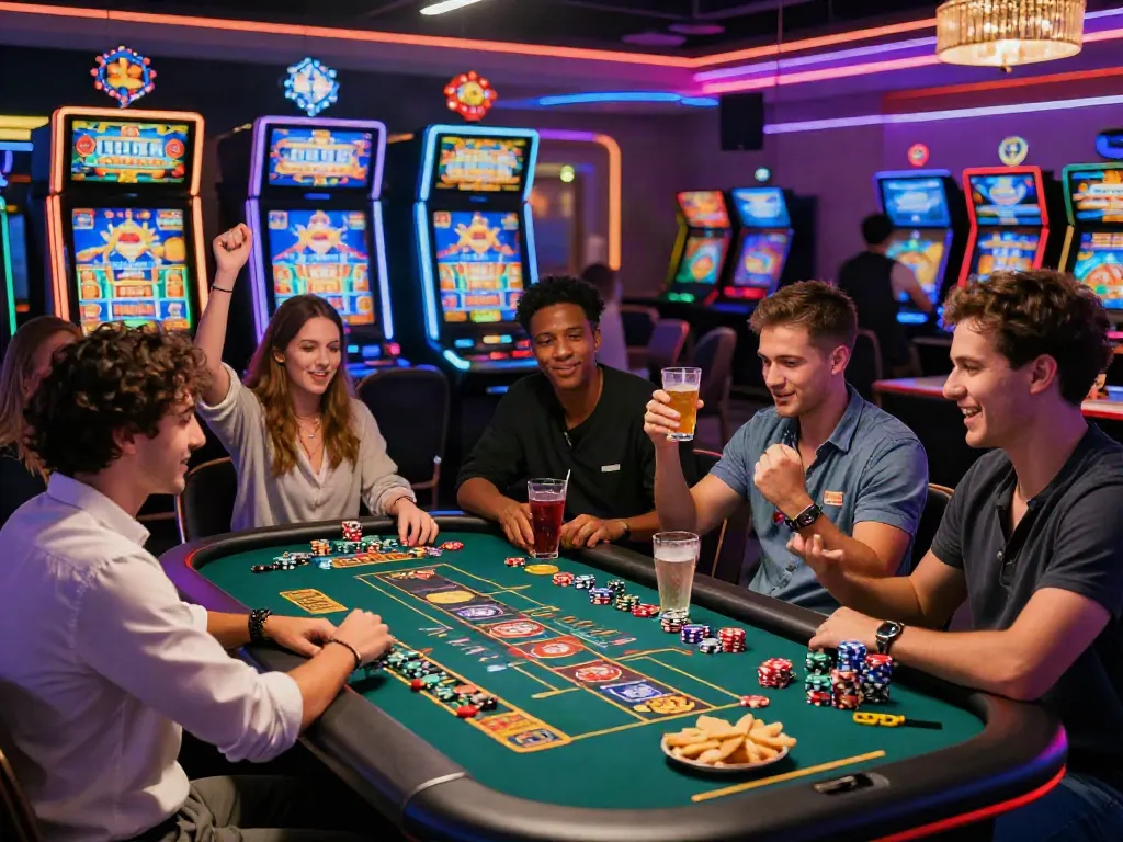 Diverse group celebrating at a non Gamstop UK casino gaming table with colorful chips and slot machines.