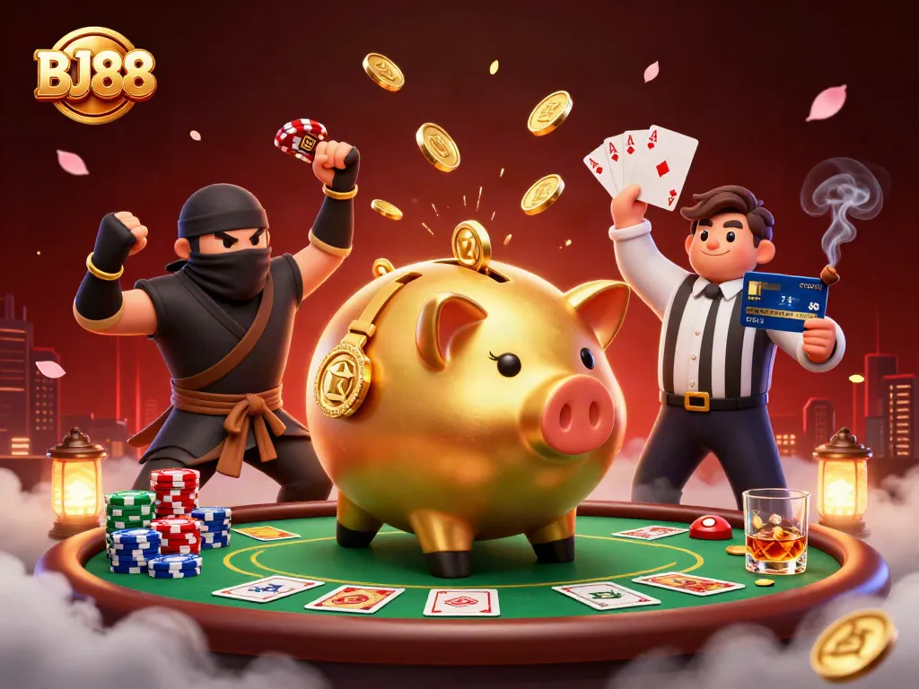 BJ88 captivates gamers with interactive elements amidst a vibrant casino scene filled with dynamic characters.