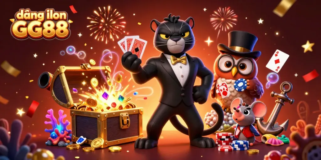 Experience dynamic gaming with đăng nhập GG88 surrounded by festive casino elements and characters.