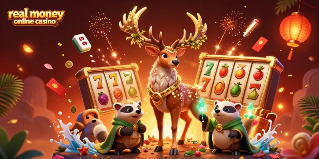 Engaging scene of real money online casino with a druid stag, badger, and vibrant slots.