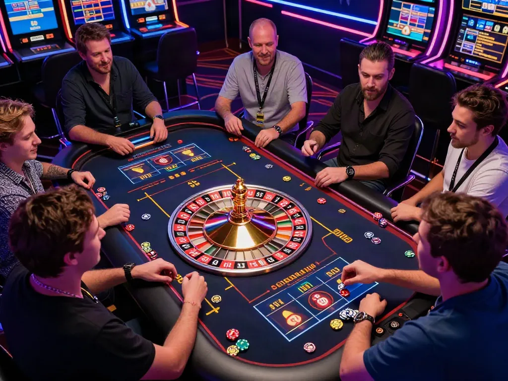 Exciting gaming moment at a non Gamstop UK casino with diverse players at a roulette table.