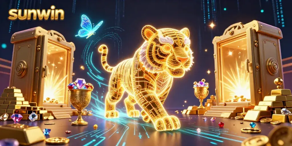 Experience exciting winnings at sunwin with a vibrant digital casino scene featuring a neon tiger and treasures.