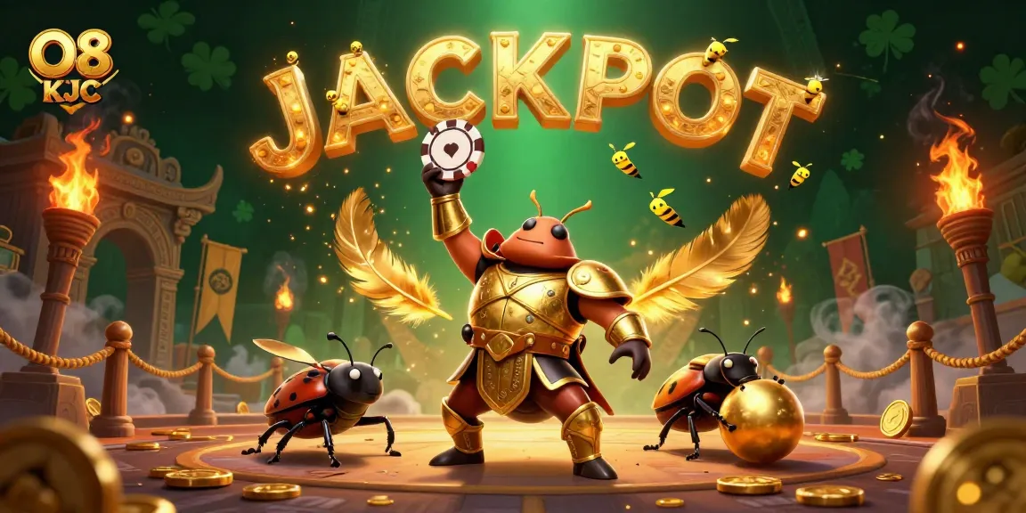 Spin to win at O8 KJC with a cartoon hercules beetle celebrating a jackpot victory