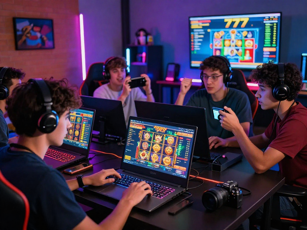 Engaged players enjoying a vibrant slot777 online gaming session in a lively setting, celebrating wins together.