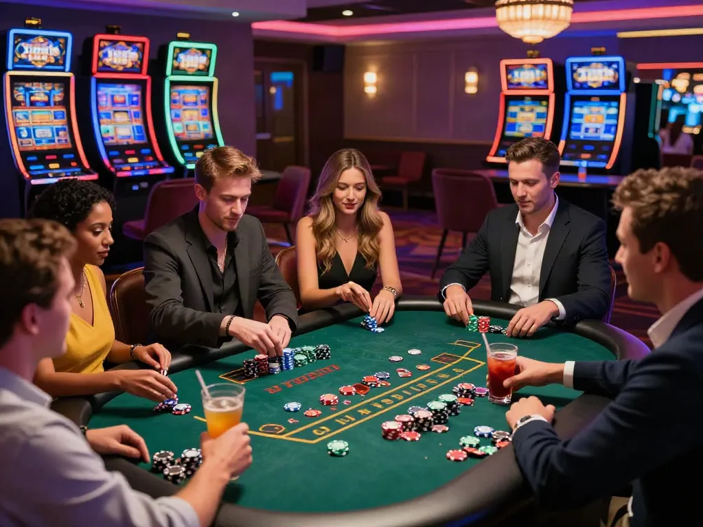 Group enjoying a lively game at a non Gamstop UK casino table with colorful chips and cocktails.