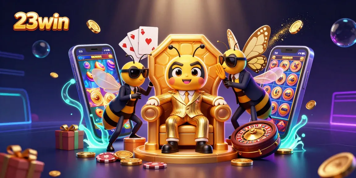 Play games and win with 23win's dynamic casino atmosphere featuring vibrant characters and rich gaming elements.