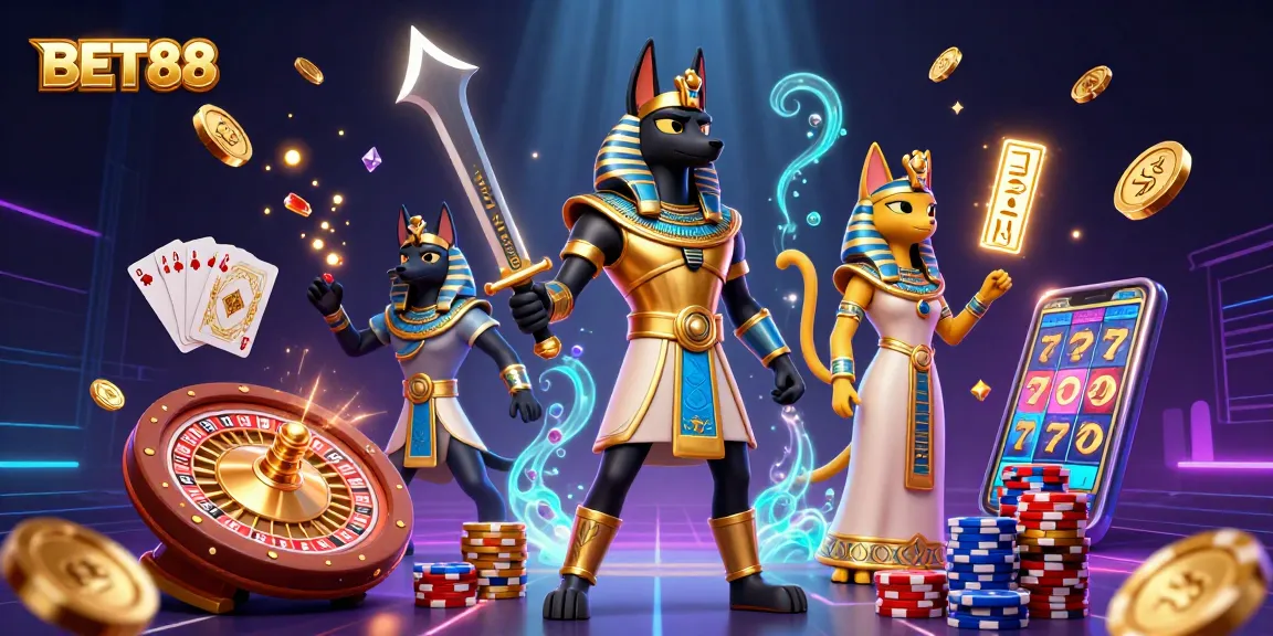 Experience the thrill of BET88 with Anubis and Bastet amidst cascading coins and a spinning roulette.