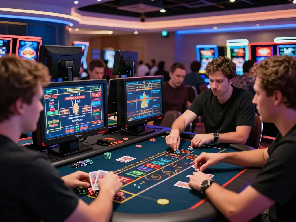 Group playing at a non Gamstop UK casino with vibrant gaming atmosphere and interactive tables.