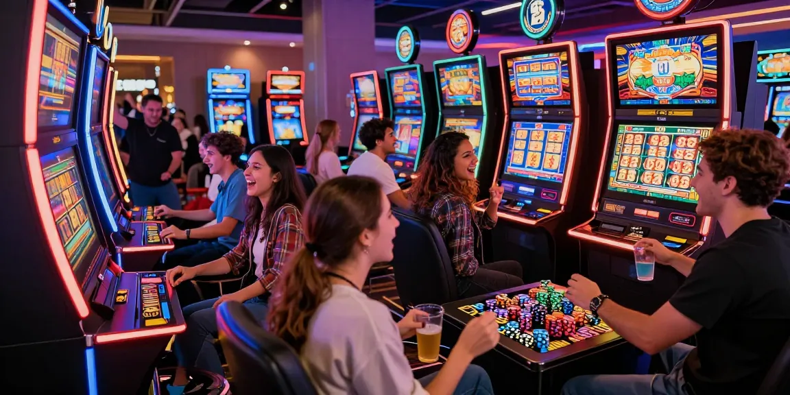 Exciting casino scene with friends celebrating jackpot wins at slot machines.