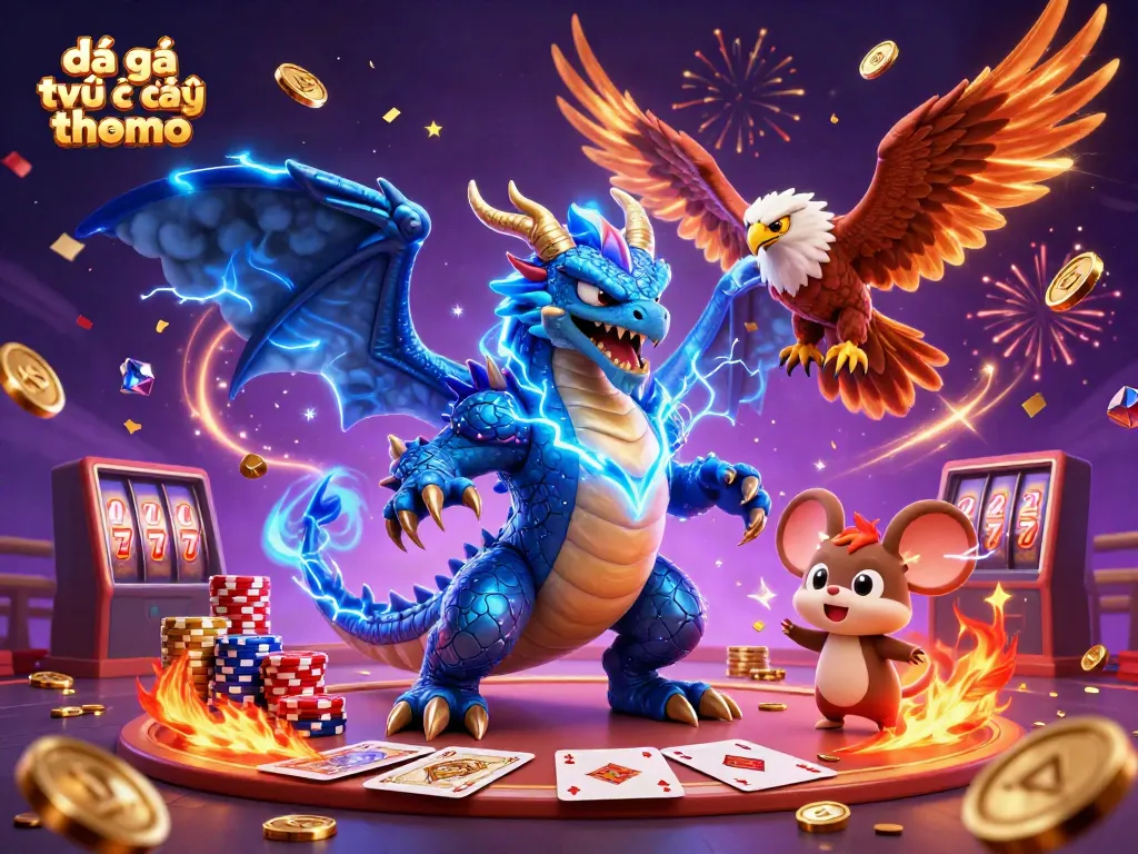 Cockfighting scene with đá gà trực tiếp thomo, showcasing a thrilling dynamic atmosphere with characters and casino elements.