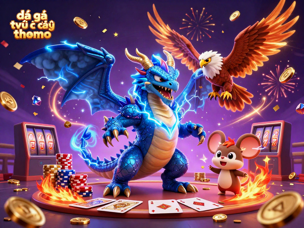 Cockfighting scene with đá gà trực tiếp thomo, showcasing a thrilling dynamic atmosphere with characters and casino elements.