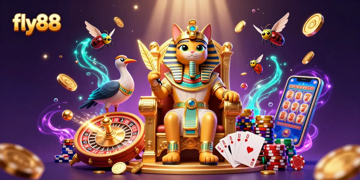 Engage in thrilling casino action with fly88 as a cartoon pharaoh cat and scribe create a vibrant gaming atmosphere.