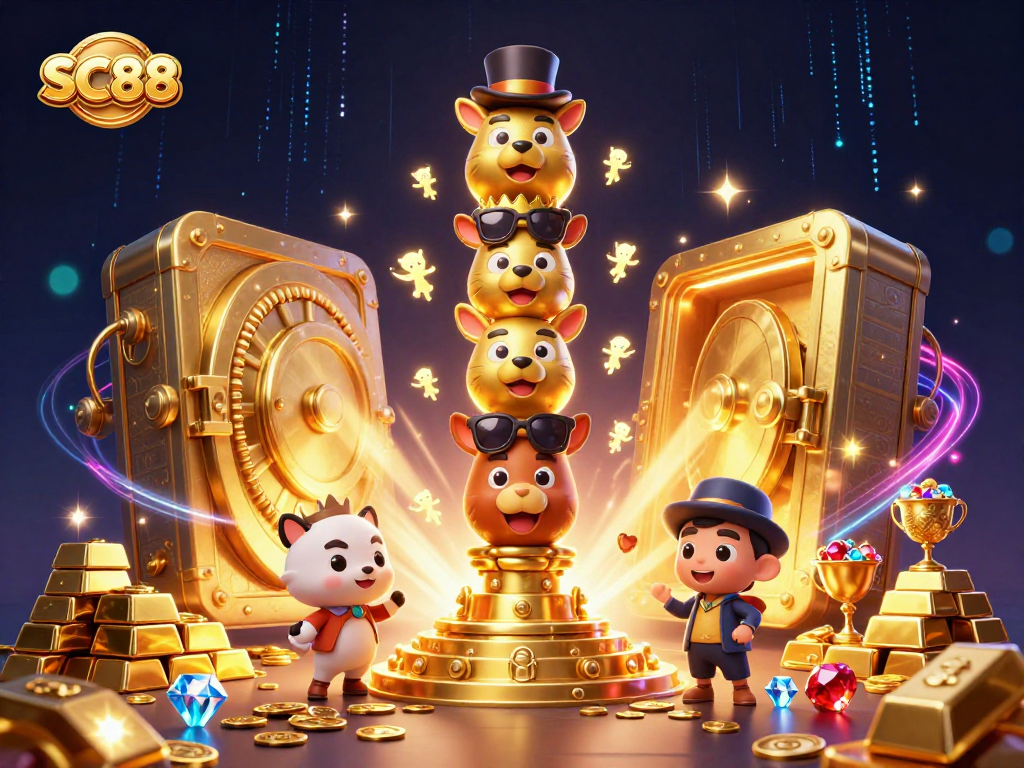 Experience SC88 gameplay with vibrant casino elements in a festive 3D illustration.