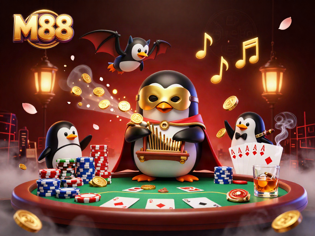 M88 illuminates a vibrant casino scene with a penguin playing a grand organ, surrounded by poker elements and golden coins.