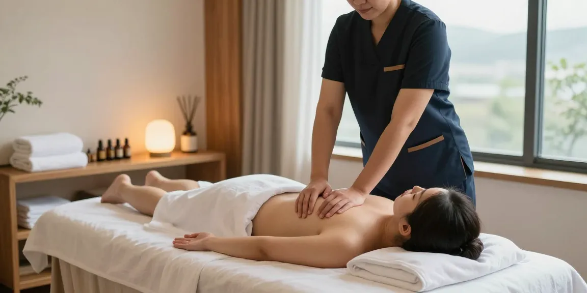 Relaxing 강남출장안마 scene with a client receiving a soothing massage in a tranquil spa environment.