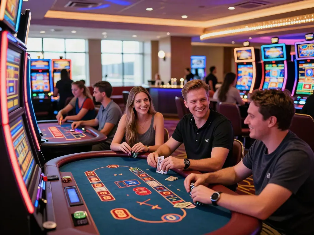 Exciting non GamStop UK casino scene with players at vibrant gaming tables surrounded by lights and decor.