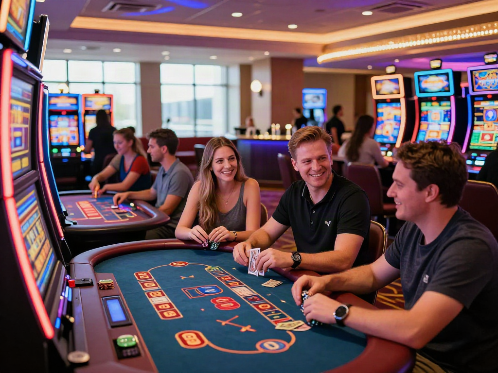 Exciting non GamStop UK casino scene with players at vibrant gaming tables surrounded by lights and decor.
