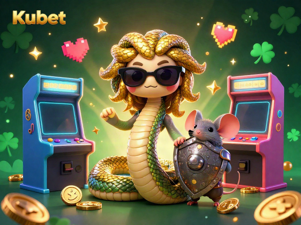 Engage with Kubet in a vibrant 3D casino world featuring Medusa and warrior mouse amid glowing arcade elements.