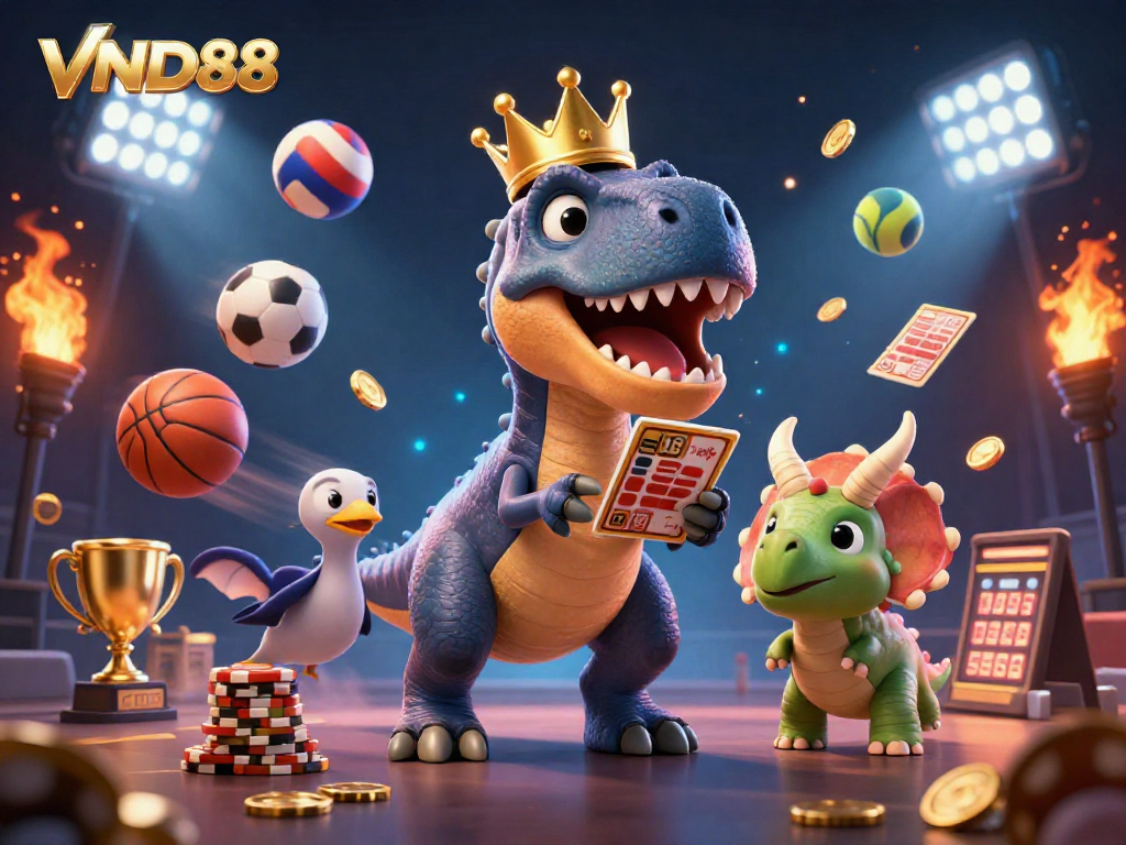 Engage with thrilling sports betting experiences at VND88 featuring a T-Rex card shuffler and friendly pterodactyl assistant.
