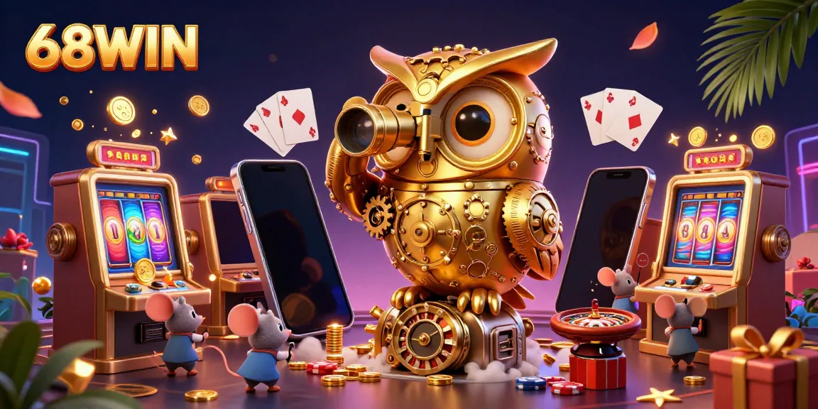 Engage with 68WIN's dynamic gaming scene featuring a golden owl and lively casino elements.
