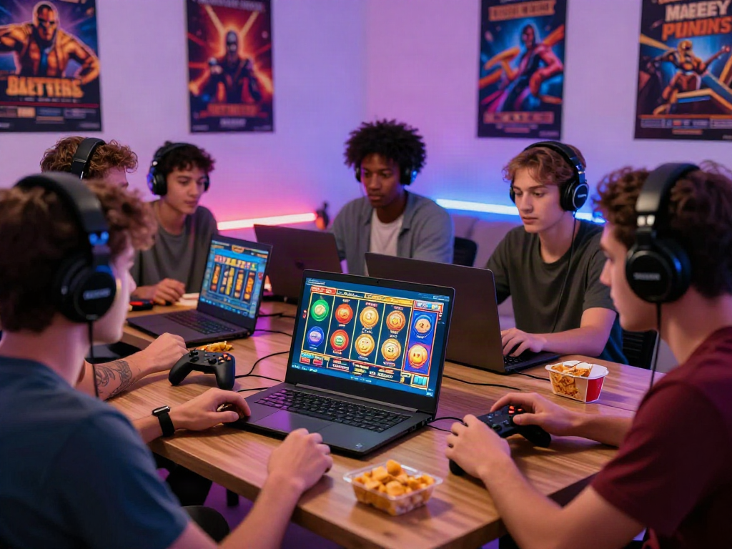 Engaging scene of friends enjoying a non Gamstop UK casino game together on a laptop in a lively gaming atmosphere.