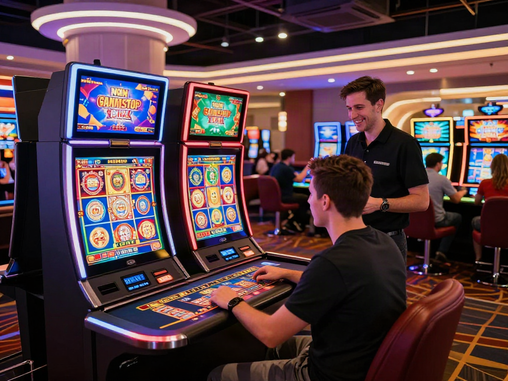 Exciting gaming moment at a non GamStop UK casino with vibrant slot machines and players enjoying responsible gambling.