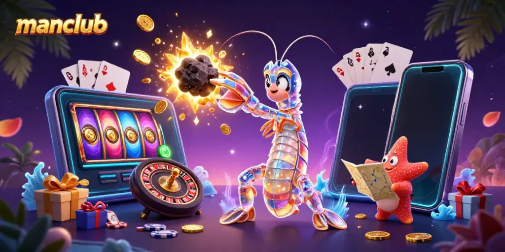 Experience manclub's excitement with a galactic shrimp champion breaking asteroids for coins in vibrant casino fun.